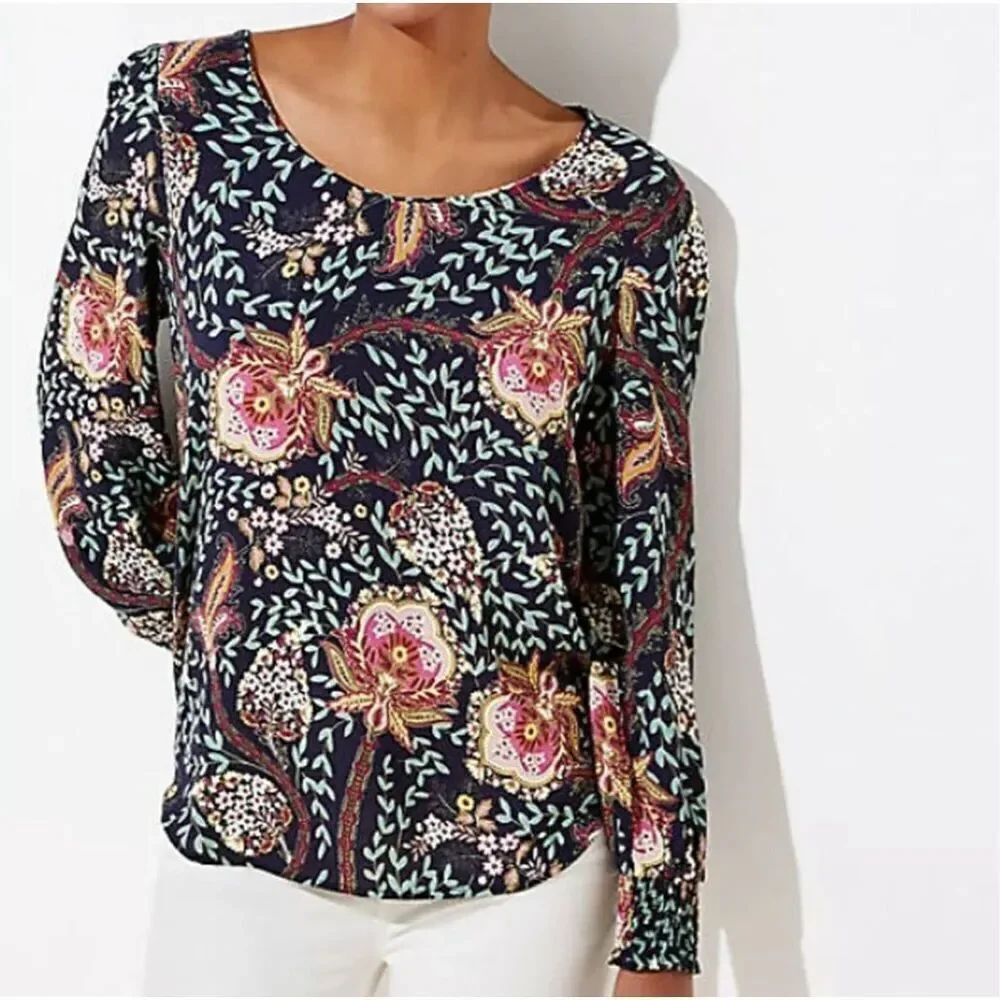 LOFT Forever Navy Floral Print Long Sleeve with Smocked Cuff  Blouse Size M